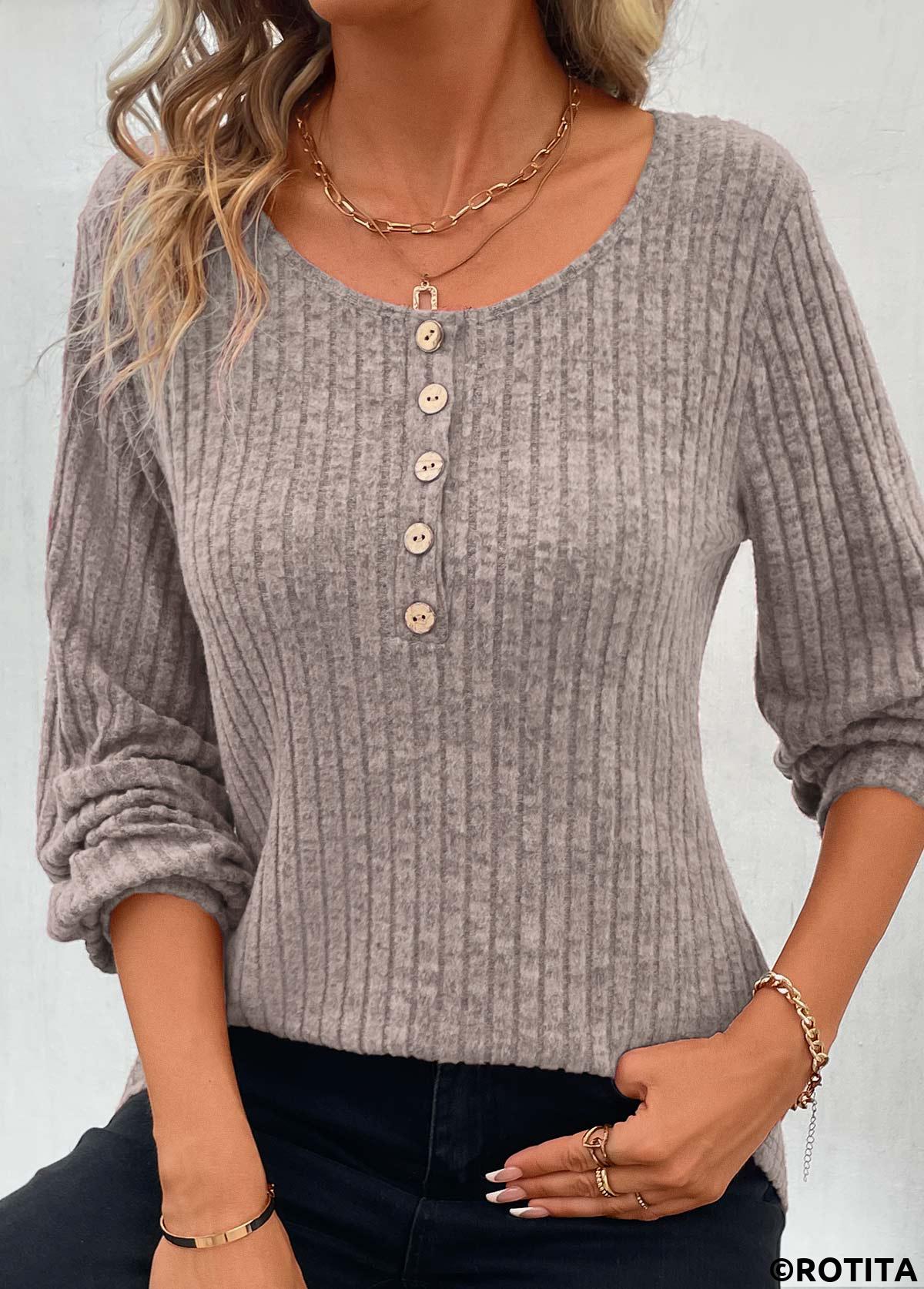 Light Camel tops,Plain Color tops,Button Light Camel Round Neck Long Sleeve T Shirt