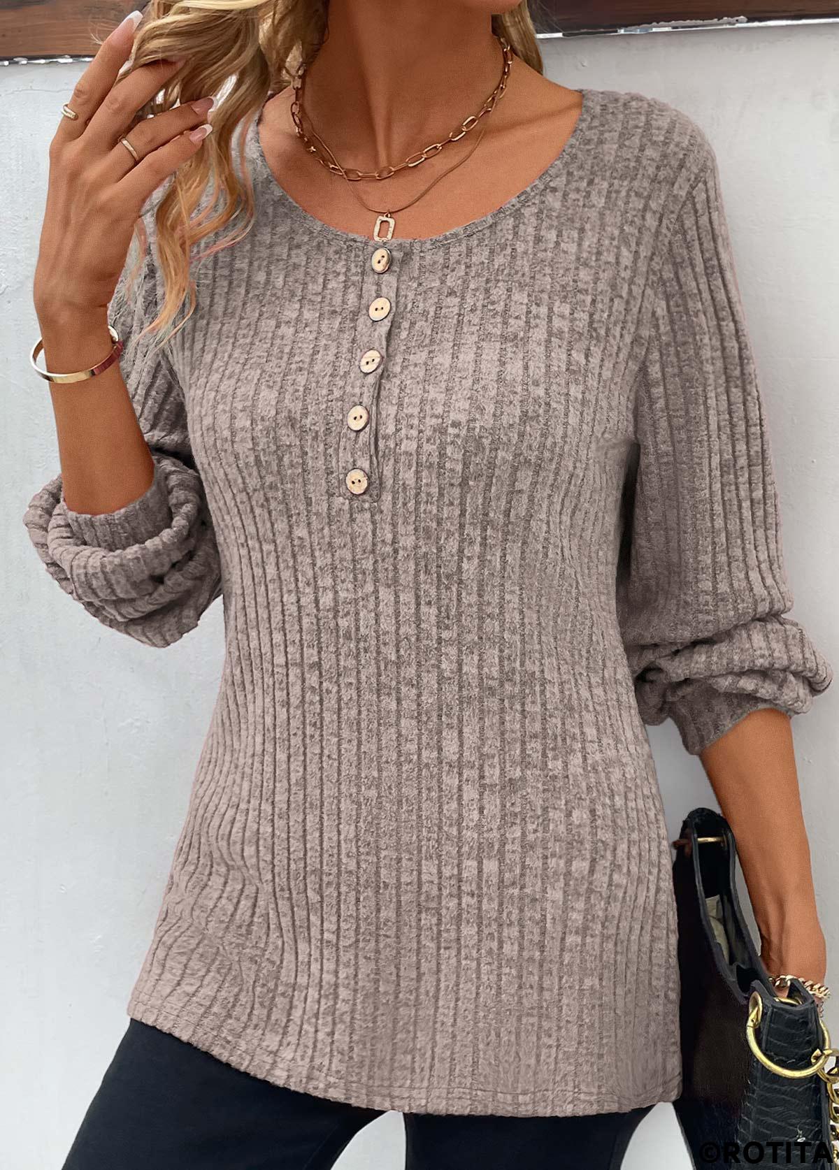 Light Camel tops,Plain Color tops,Button Light Camel Round Neck Long Sleeve T Shirt
