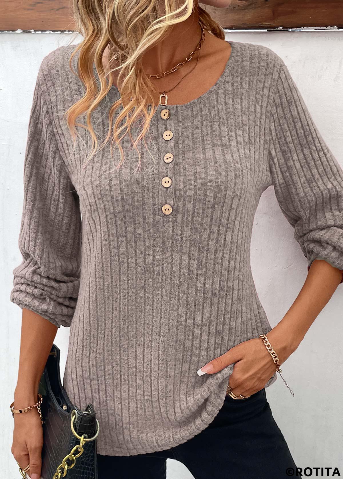 Light Camel tops,Plain Color tops,Button Light Camel Round Neck Long Sleeve T Shirt