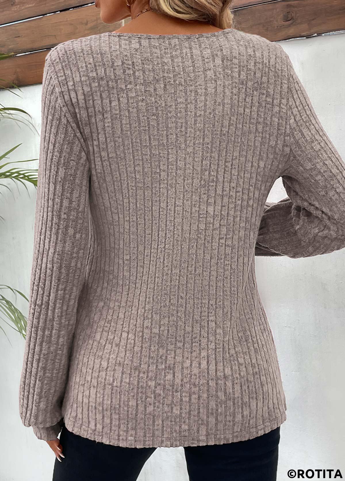Light Camel tops,Plain Color tops,Button Light Camel Round Neck Long Sleeve T Shirt