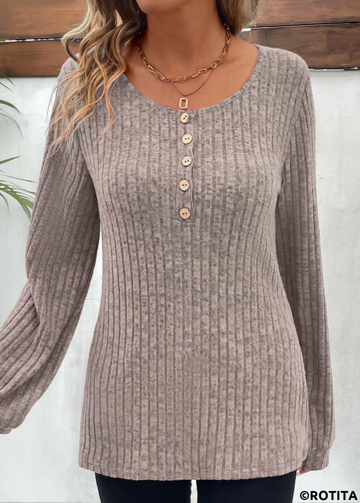 Light Camel tops,Plain Color tops,Button Light Camel Round Neck Long Sleeve T Shirt