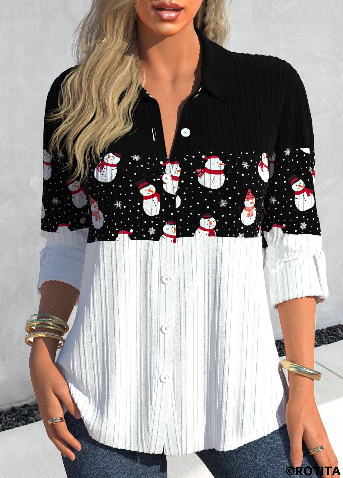 Black tops,Christmas tops,ROTITA Christmas Button Snowman Print Black Shirt Collar Blouse