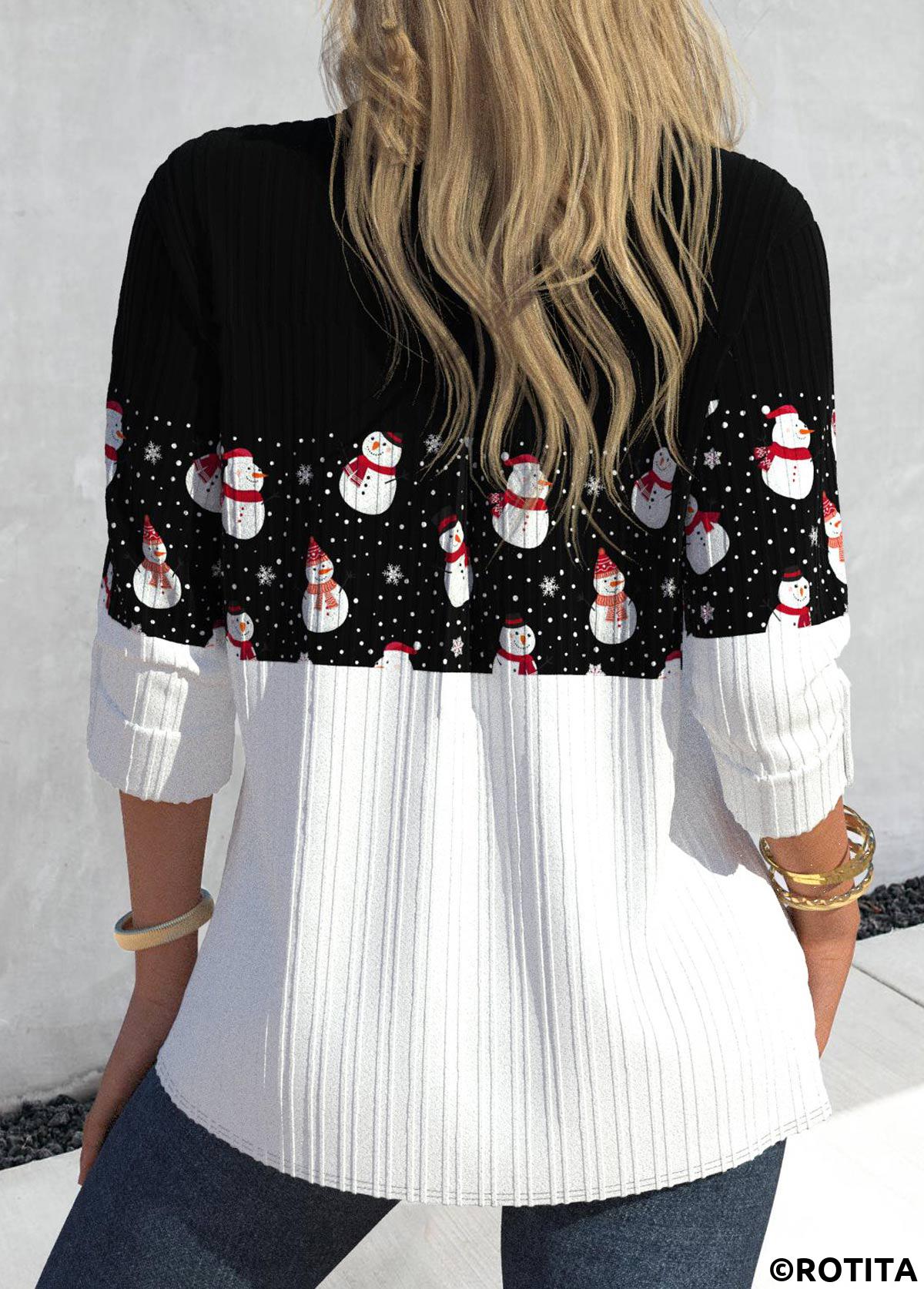 Black tops,Christmas tops,ROTITA Christmas Button Snowman Print Black Shirt Collar Blouse