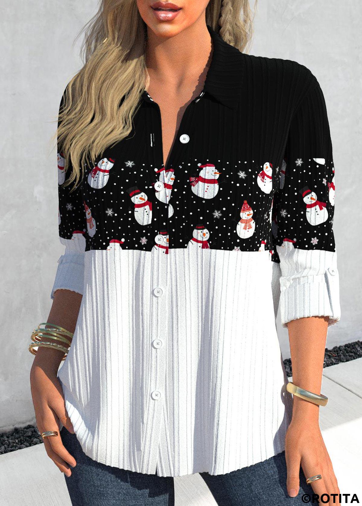 Black tops,Christmas tops,ROTITA Christmas Button Snowman Print Black Shirt Collar Blouse