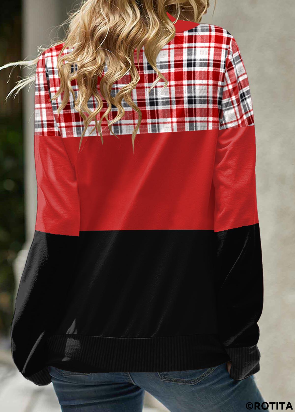 rotita patchwork plaid rouge col bénitier sweat-shirt à manches longues