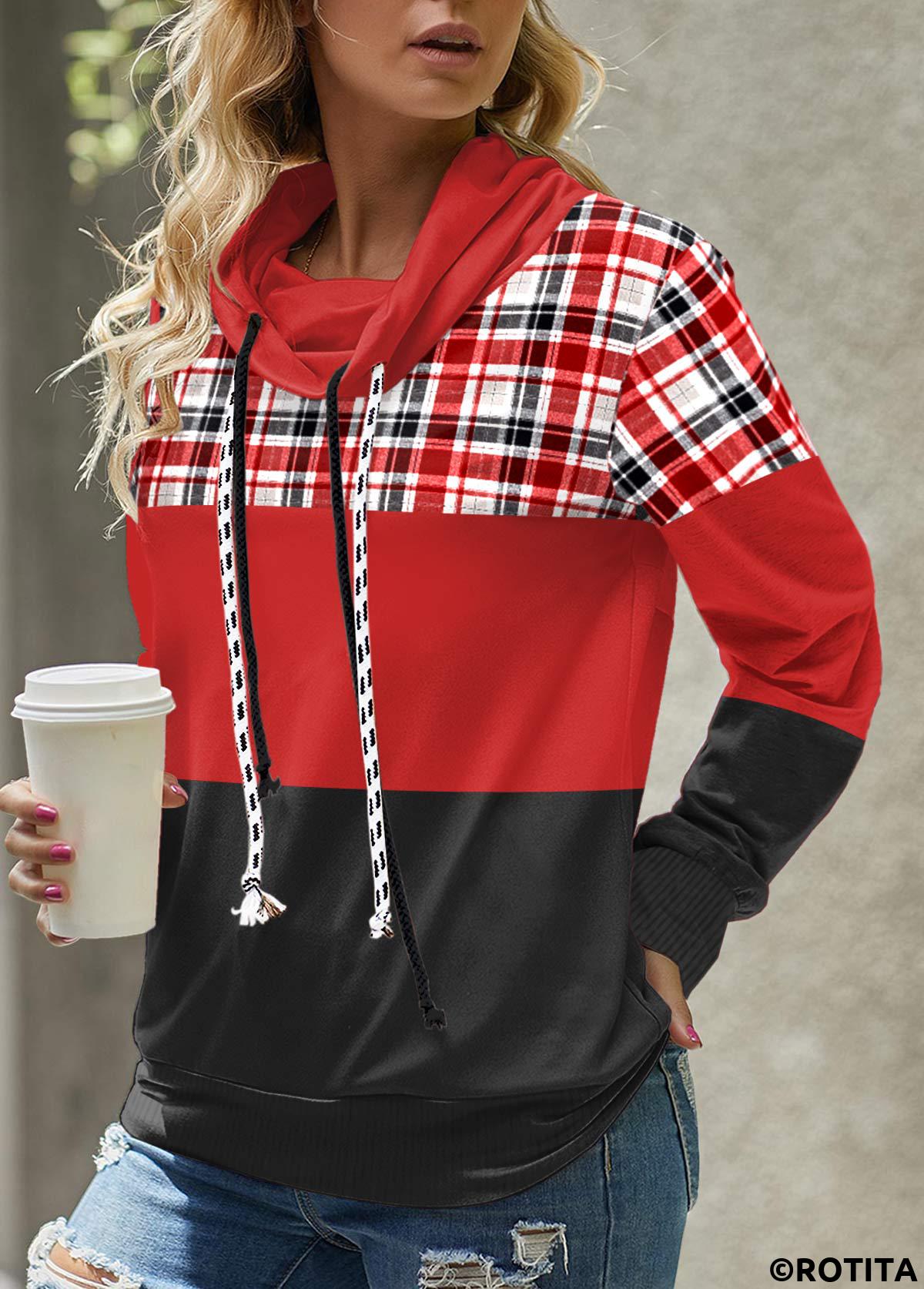rotita patchwork plaid rouge col bénitier sweat-shirt à manches longues