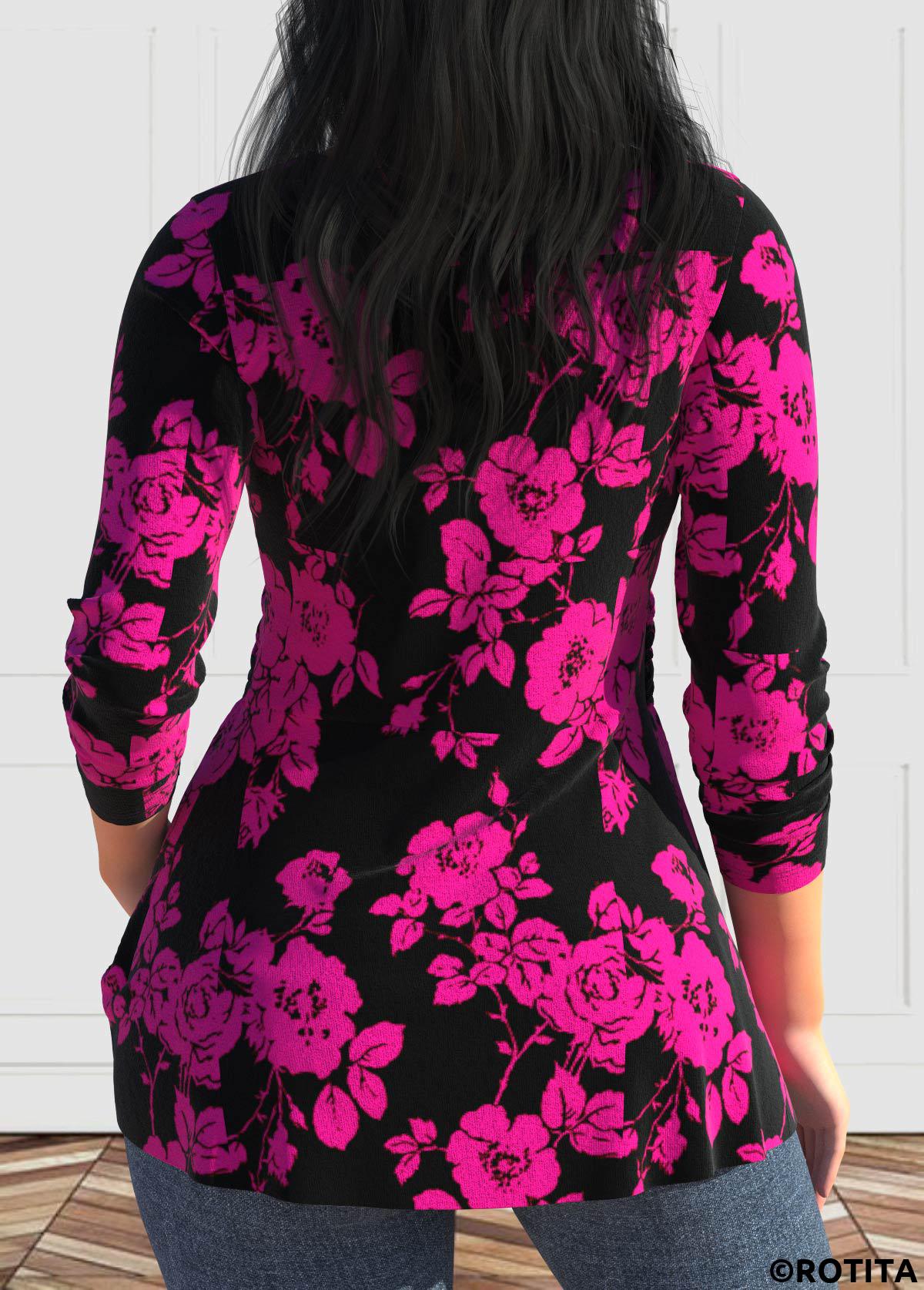 Hot Pink tops,Black tops,Floral tops,Plants tops,ROTITA Valentine's Day Twist Hot Pink Heart Collar T Shirt