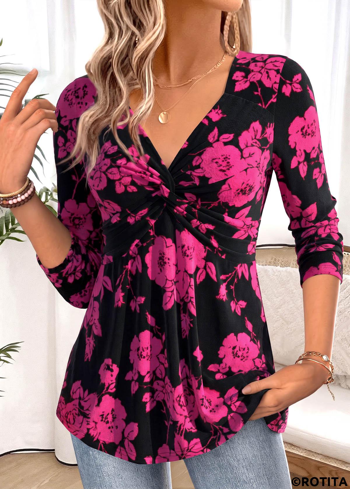 Hot Pink plus size,Black plus size,Floral plus size,Plants plus size,ROTITA Valentine's Day Plus Size Twist Hot Pink T Shirt