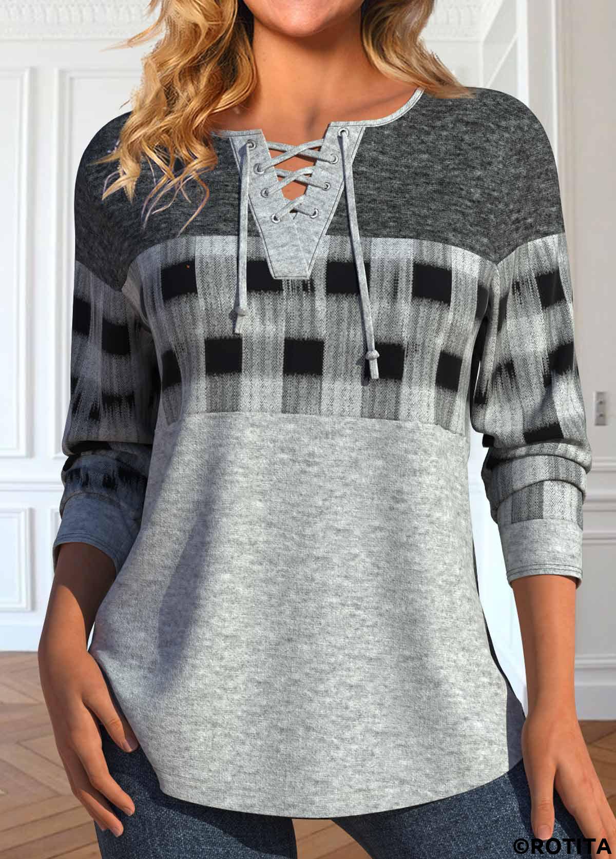 Light Grey Marl tops,Plaid tops,Geometric tops,ROTITA Lace Up Plaid Light Grey Marl T Shirt