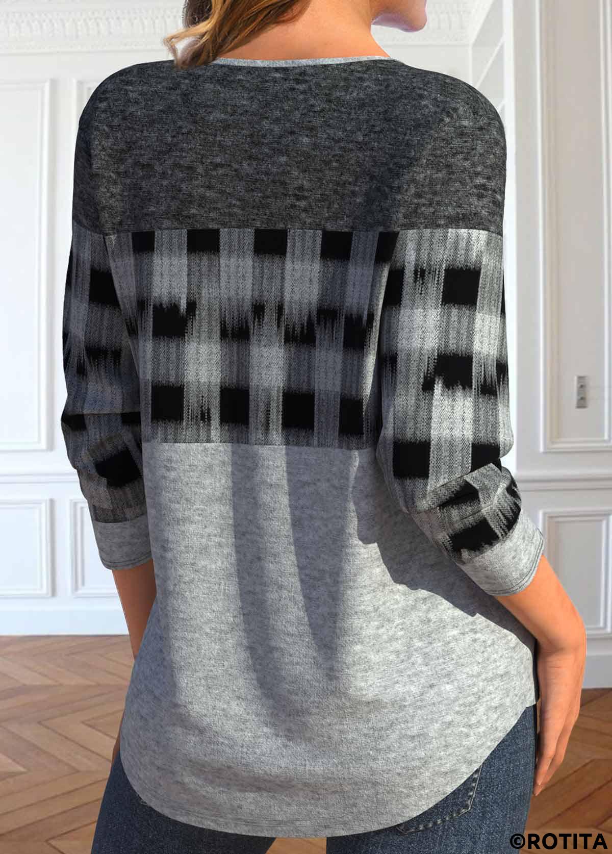 Light Grey Marl tops,Plaid tops,Geometric tops,ROTITA Lace Up Plaid Light Grey Marl T Shirt