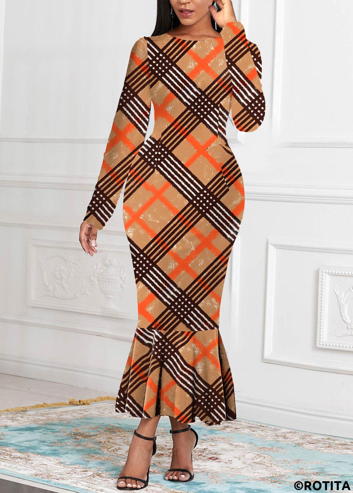 Dark Coffee dresses,Dark Camel dresses,Orange dresses,Plaid dresses,Striped dresses,Geometric dresses,Party dresses,Elegant dresses,ROTITA Plaid Dark Coffee Round Neck Mermaid Dress