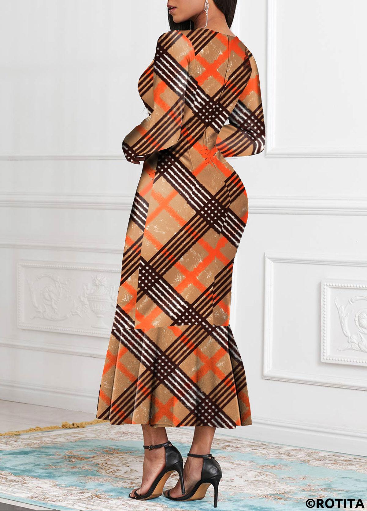 Dark Coffee dresses,Dark Camel dresses,Orange dresses,Plaid dresses,Striped dresses,Geometric dresses,Party dresses,Elegant dresses,ROTITA Plaid Dark Coffee Round Neck Mermaid Dress