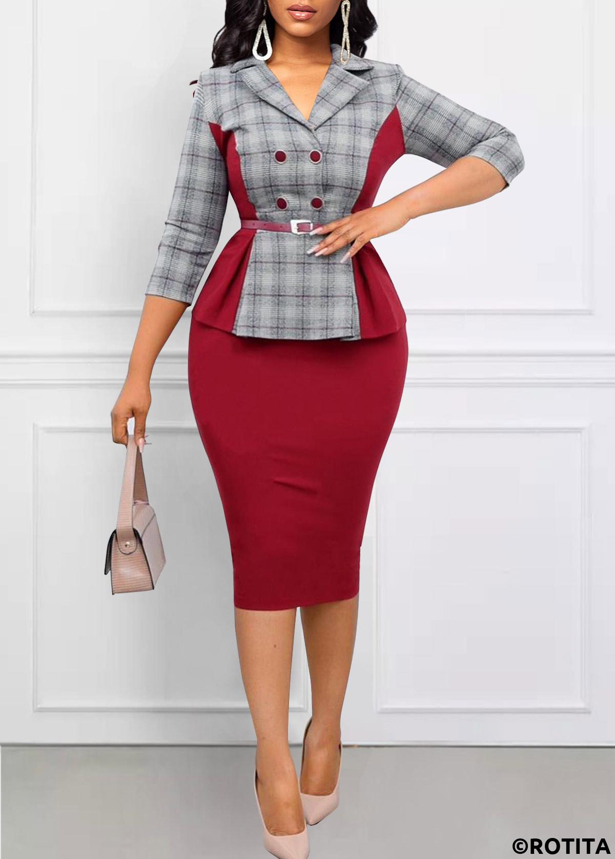 Light Grey Marl dresses,Wine Red dresses,Plaid dresses,Geometric dresses,Striped dresses,Wear to Work dresses,Work dresses,ROTITA Patchwork Plaid Light Grey Marl Lapel Dress