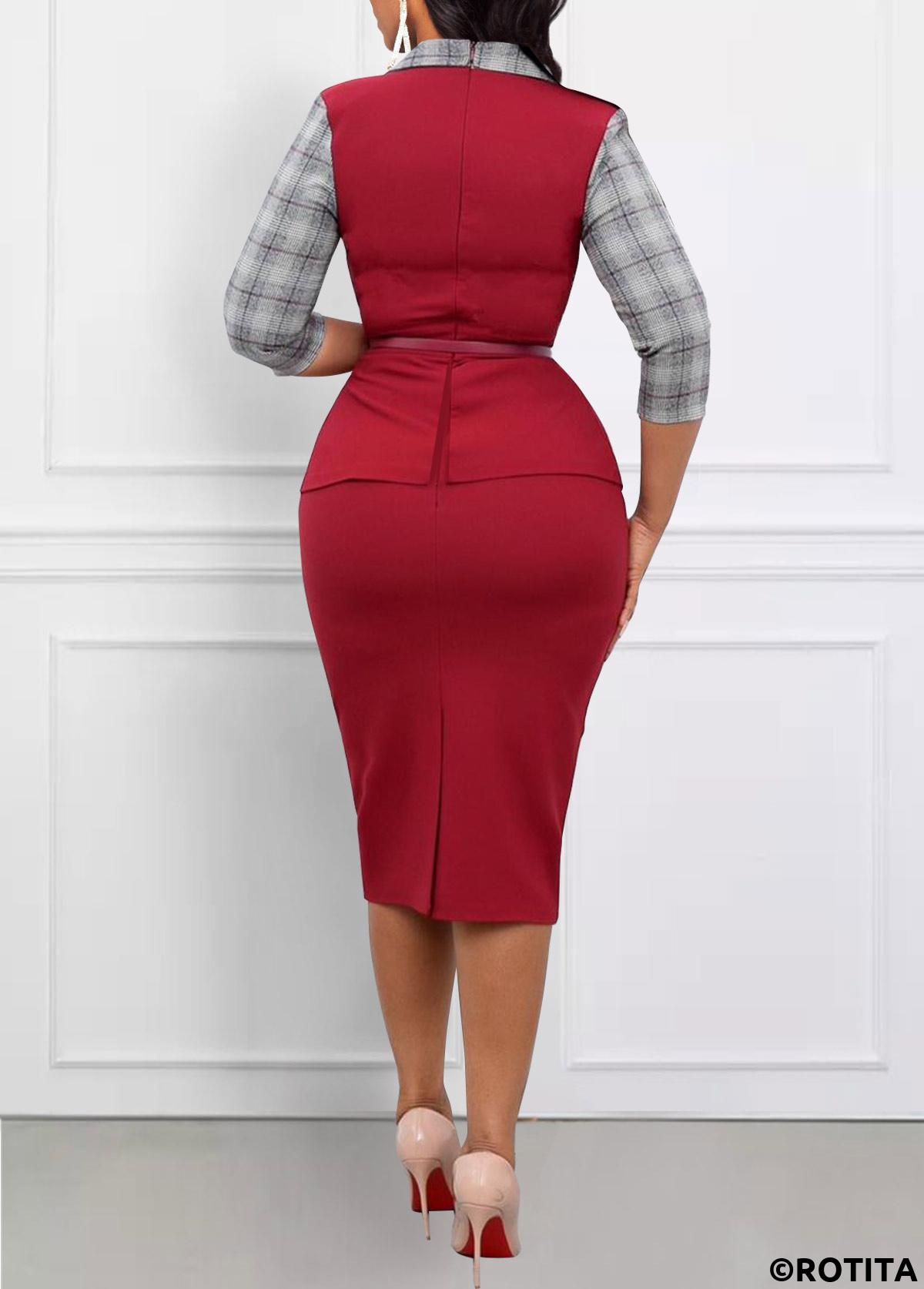 Light Grey Marl dresses,Wine Red dresses,Plaid dresses,Geometric dresses,Striped dresses,Wear to Work dresses,Work dresses,ROTITA Patchwork Plaid Light Grey Marl Lapel Dress
