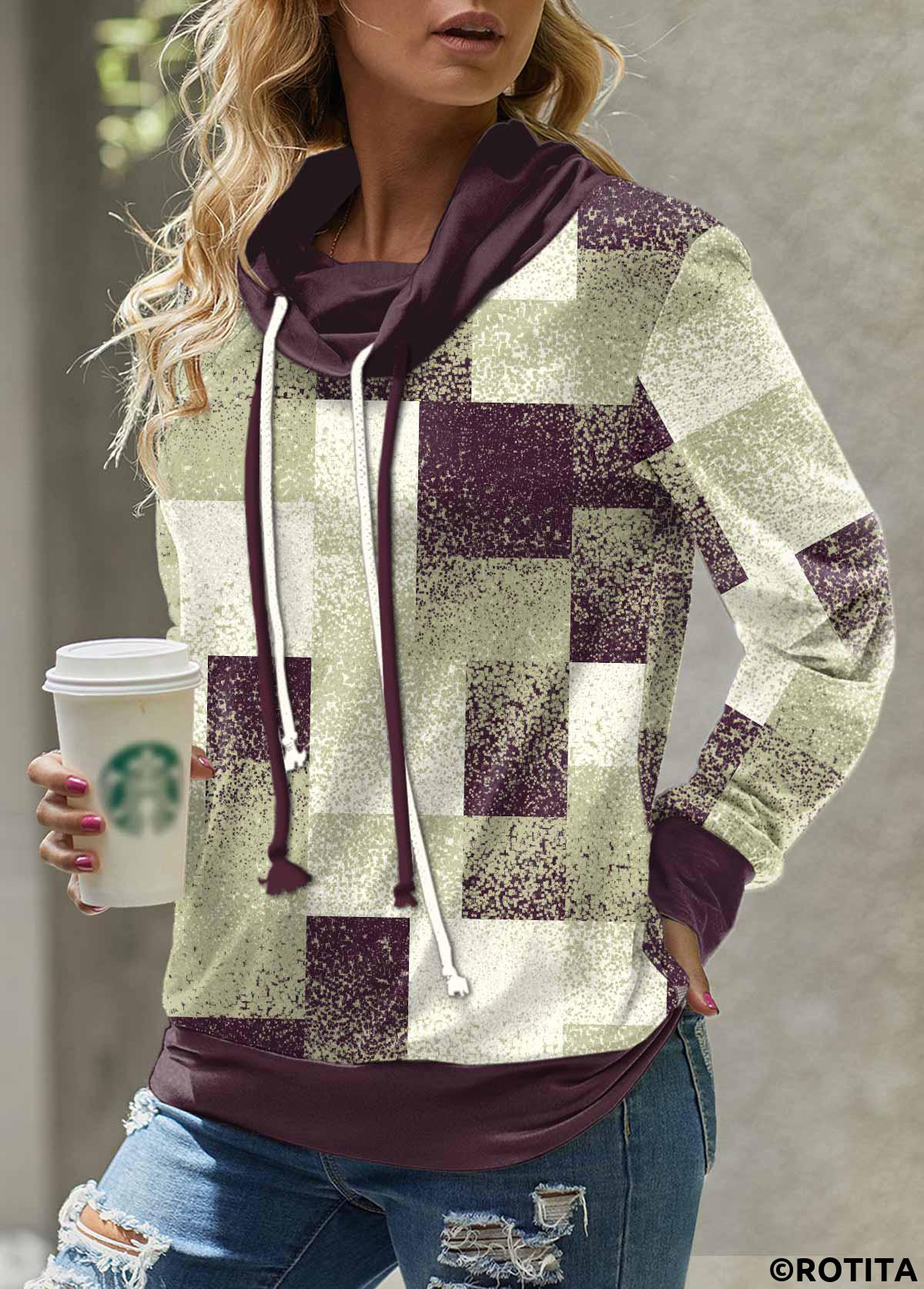 Sage Green tops,Geometric tops,Ombre tops,ROTITA Patchwork Geometric Print Sage Green Cowl Neck Sweatshirt