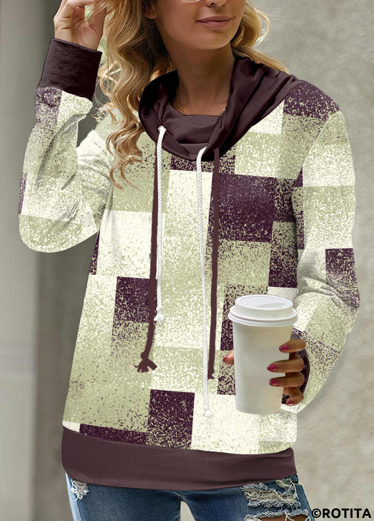 Sage Green tops,Geometric tops,Ombre tops,ROTITA Patchwork Geometric Print Sage Green Cowl Neck Sweatshirt