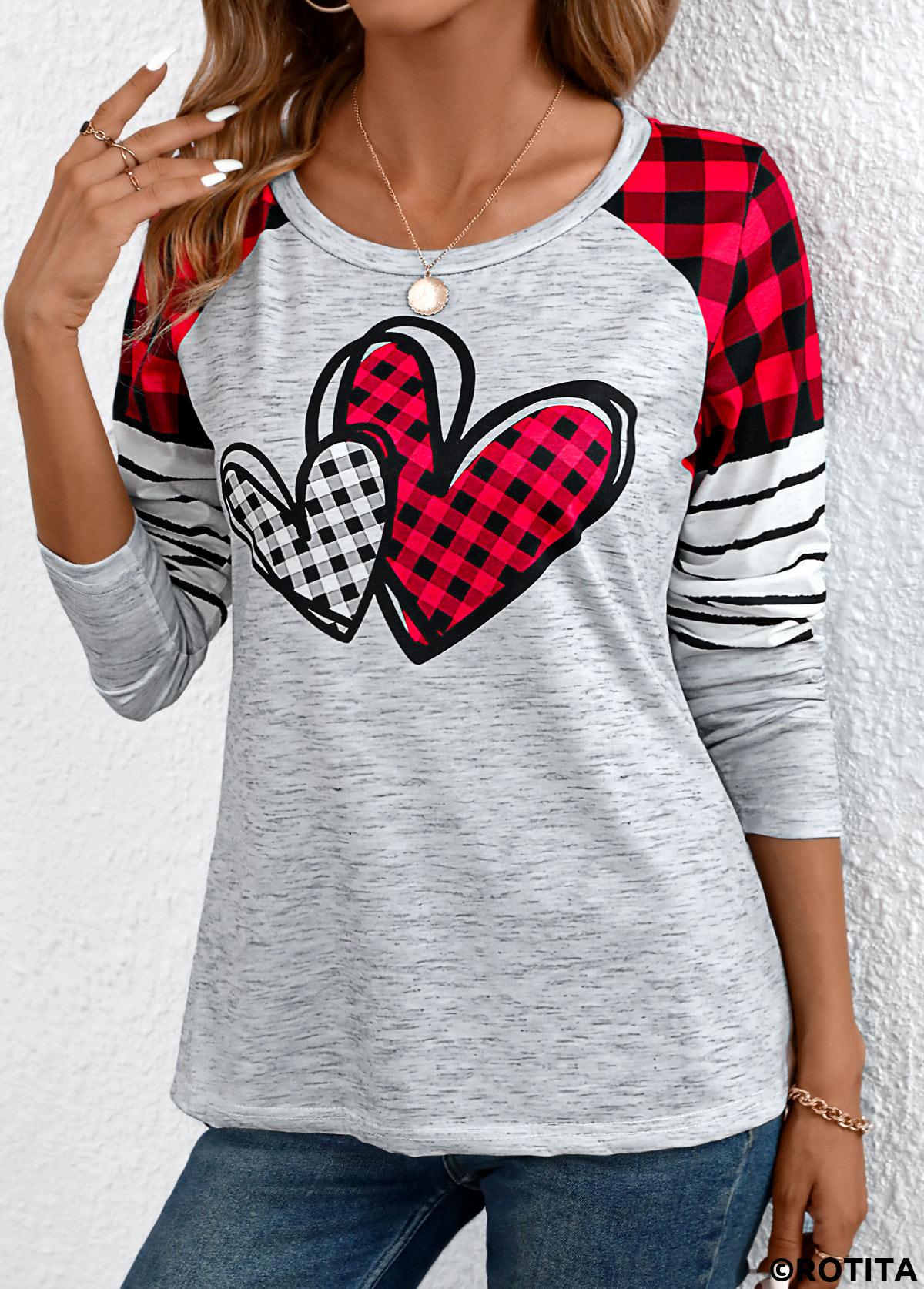 Grey tops,Plaid tops,Striped tops,Geometric tops,Heart tops,ROTITA Patchwork Plaid Grey Round Neck Long Sleeve T Shirt