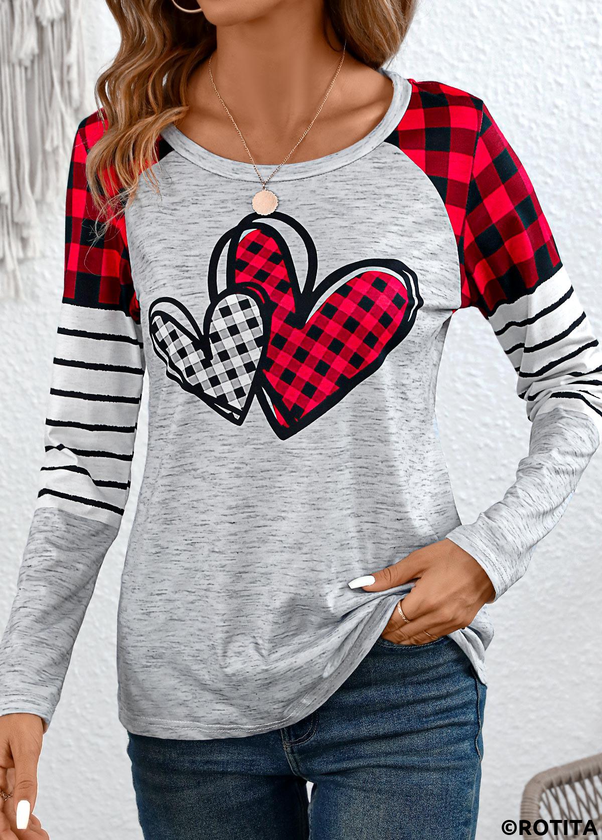 Grey tops,Plaid tops,Striped tops,Geometric tops,Heart tops,ROTITA Patchwork Plaid Grey Round Neck Long Sleeve T Shirt