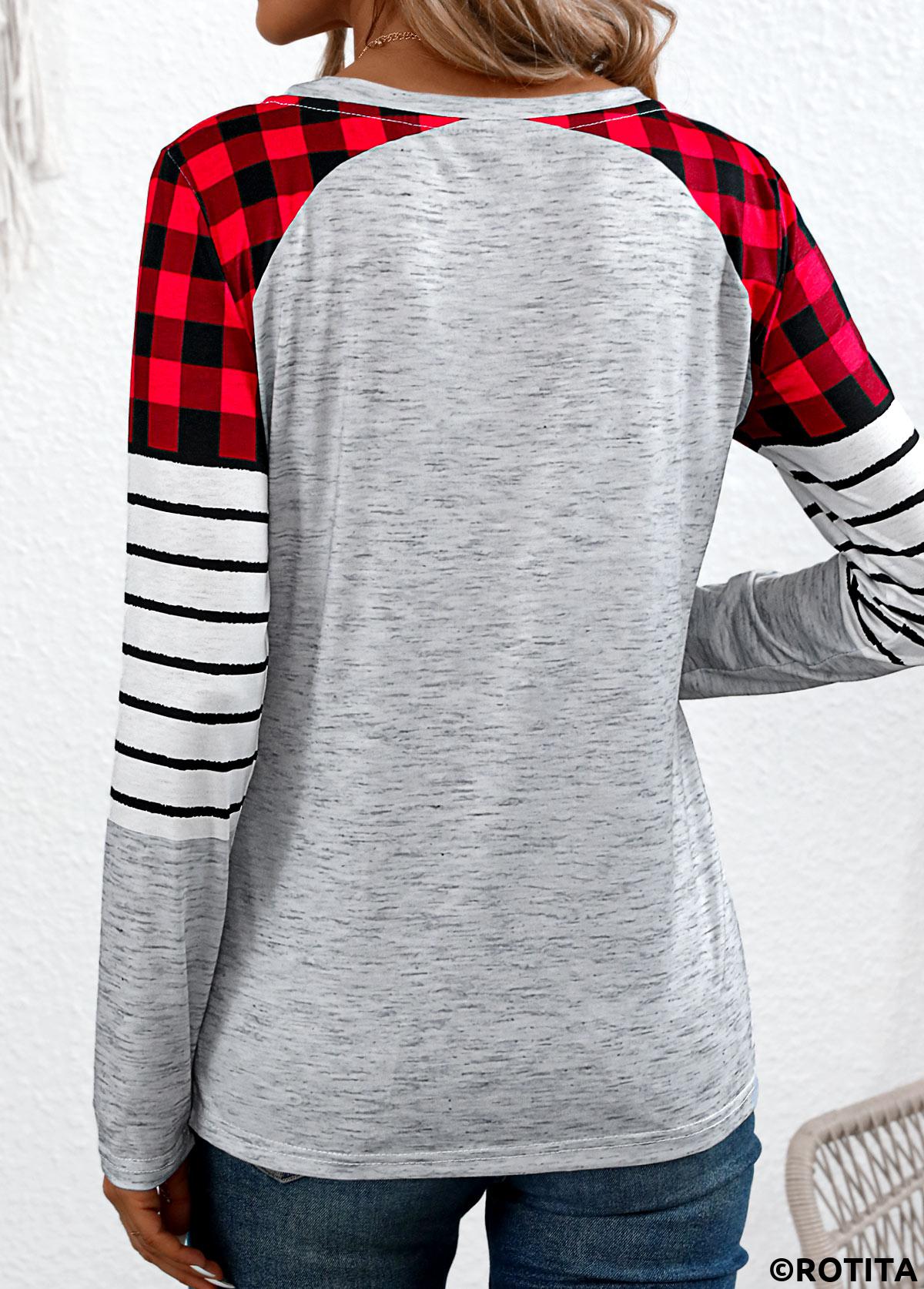Grey tops,Plaid tops,Striped tops,Geometric tops,Heart tops,ROTITA Patchwork Plaid Grey Round Neck Long Sleeve T Shirt