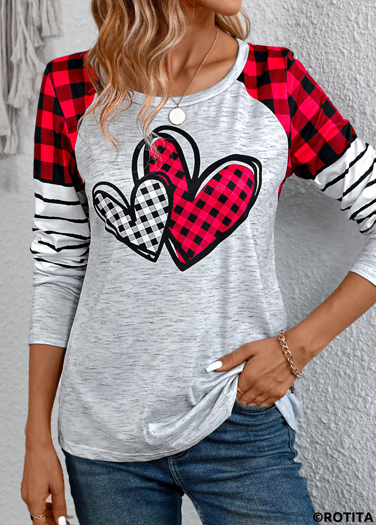 Grey tops,Plaid tops,Striped tops,Geometric tops,Heart tops,ROTITA Patchwork Plaid Grey Round Neck Long Sleeve T Shirt