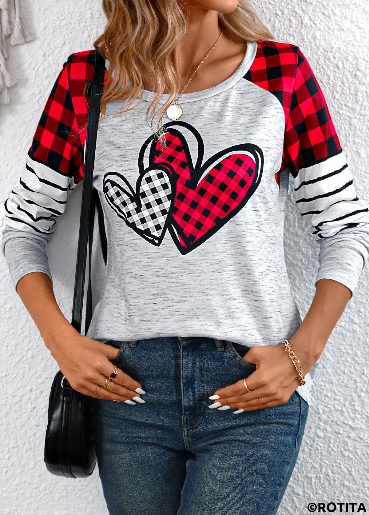 Grey tops,Plaid tops,Striped tops,Geometric tops,Heart tops,ROTITA Patchwork Plaid Grey Round Neck Long Sleeve T Shirt