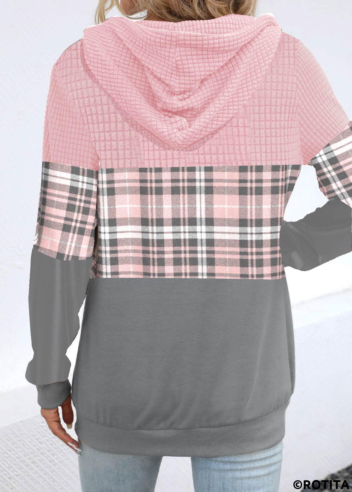 Light Pink tops,Grey tops,Plaid tops,Striped tops,Geometric tops,ROTITA Patchwork Plaid Light Pink Long Sleeve Hoodie