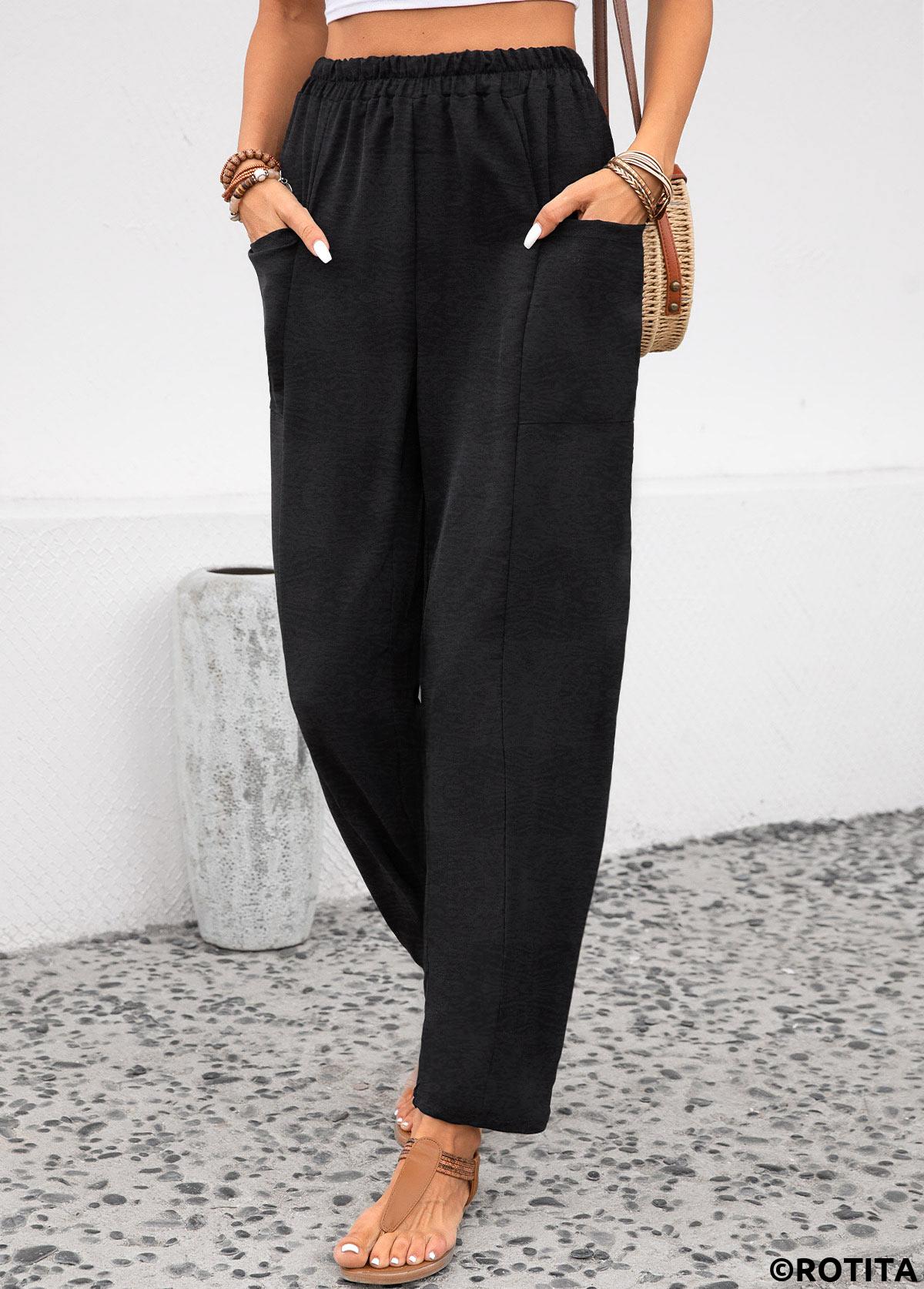 Black bottoms,Plain Color bottoms,ROTITA Pocket Black Elastic Waist High Waisted Pants