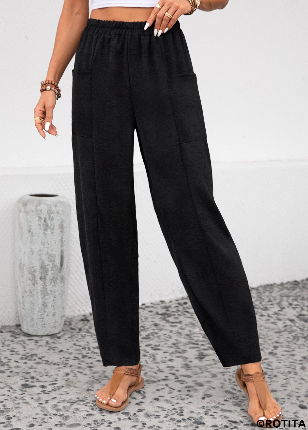 Black bottoms,Plain Color bottoms,ROTITA Pocket Black Elastic Waist High Waisted Pants