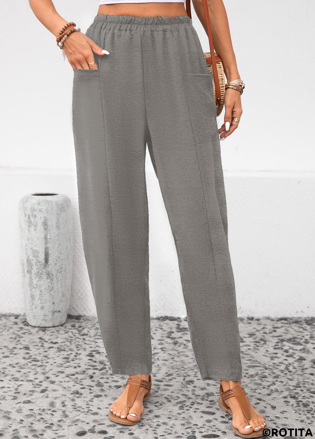 Light Grey bottoms,Plain Color bottoms,ROTITA Pocket Light Grey Elastic Waist High Waisted Pants