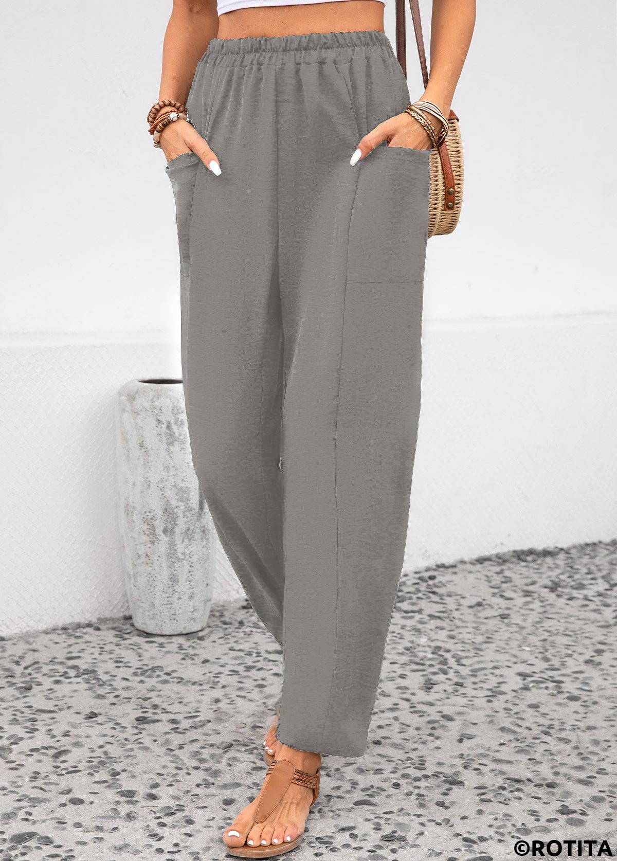 Light Grey bottoms,Plain Color bottoms,ROTITA Pocket Light Grey Elastic Waist High Waisted Pants