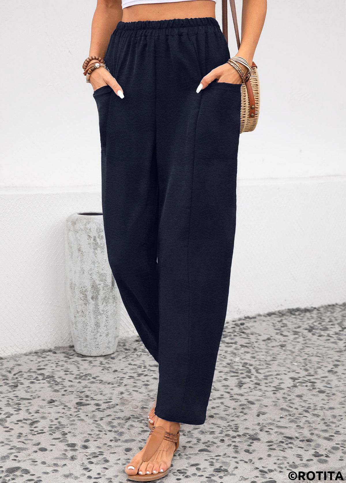 Navy bottoms,Plain Color bottoms,ROTITA Pocket Navy Elastic Waist High Waisted Pants