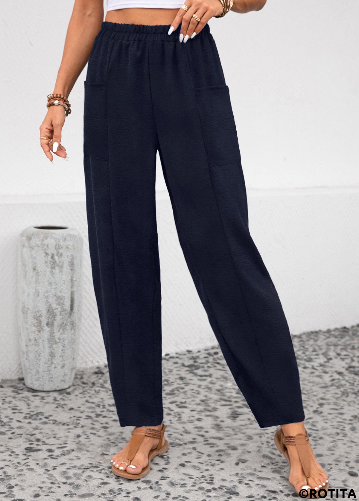Navy bottoms,Plain Color bottoms,ROTITA Pocket Navy Elastic Waist High Waisted Pants