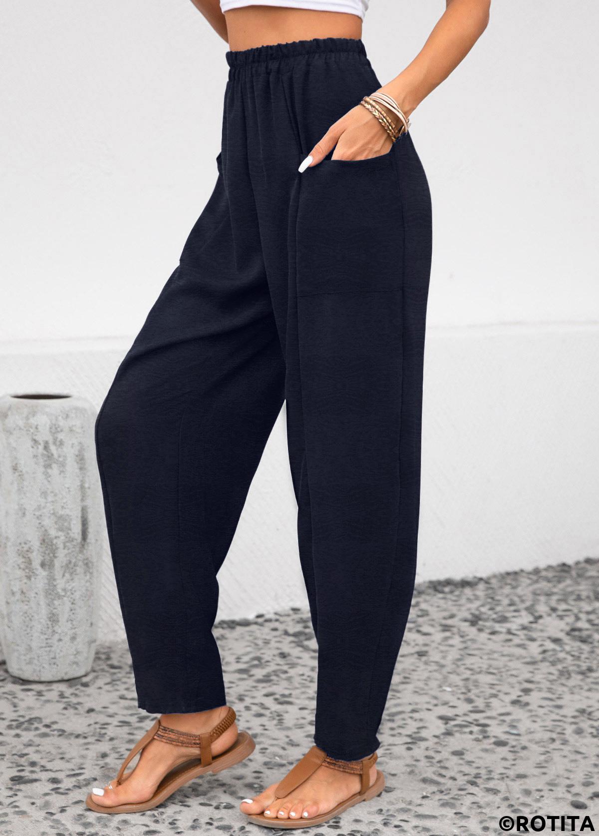 Navy bottoms,Plain Color bottoms,ROTITA Pocket Navy Elastic Waist High Waisted Pants