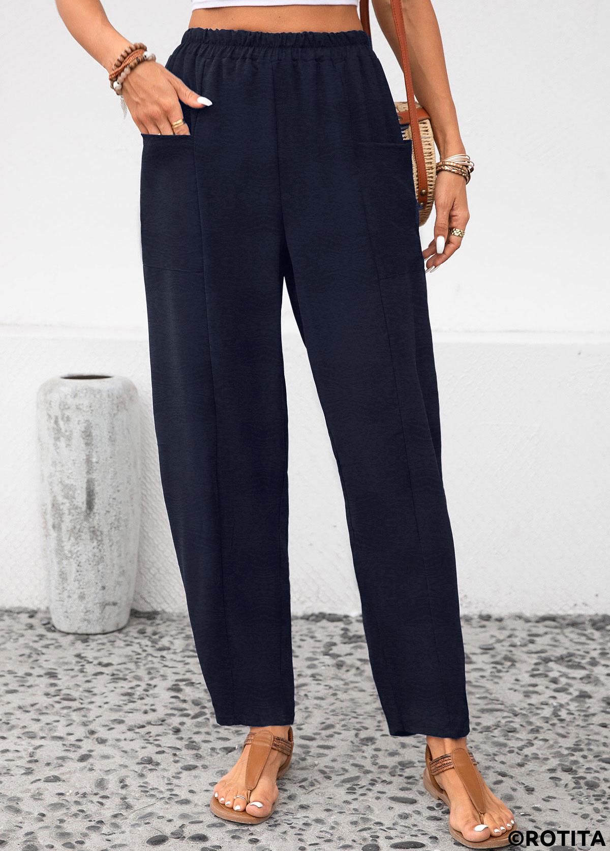 Navy bottoms,Plain Color bottoms,ROTITA Pocket Navy Elastic Waist High Waisted Pants