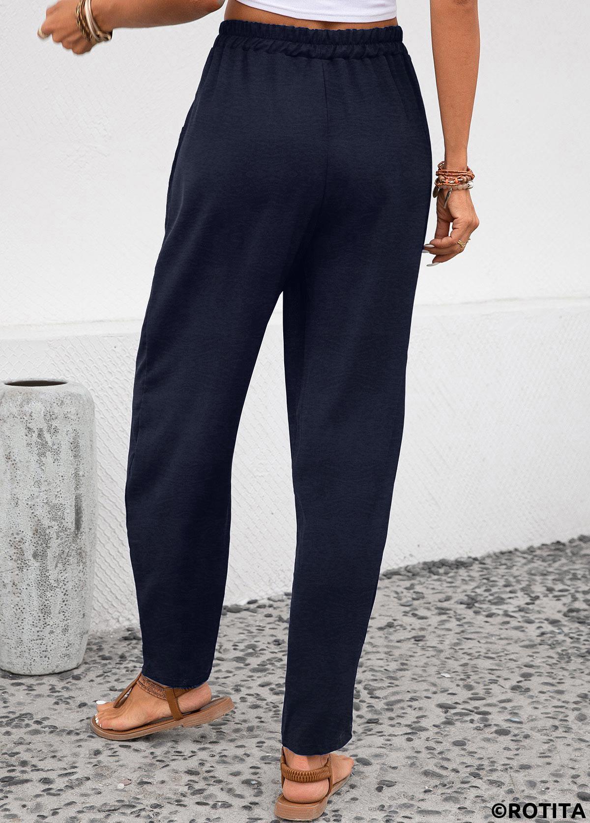 Navy bottoms,Plain Color bottoms,ROTITA Pocket Navy Elastic Waist High Waisted Pants