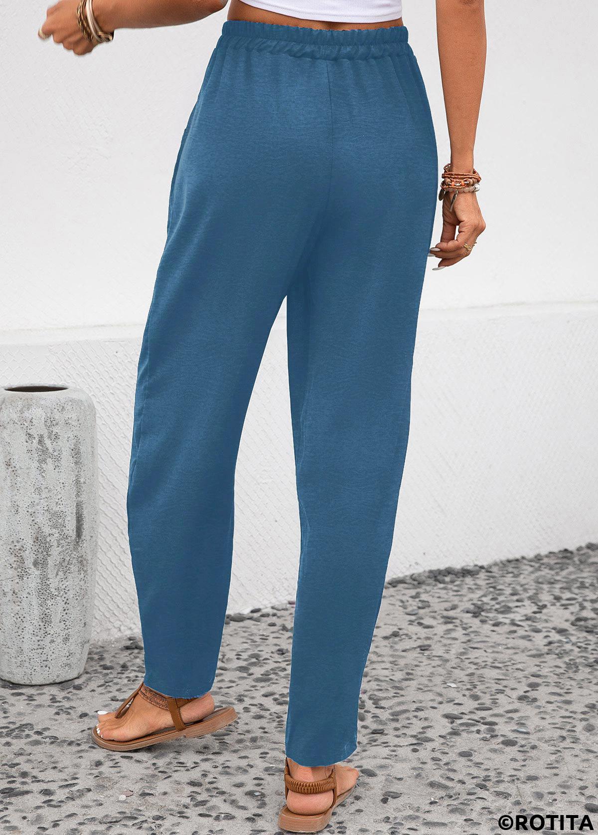 Peacock Blue bottoms,Plain Color bottoms,ROTITA Pocket Peacock Blue Elastic Waist High Waisted Pants