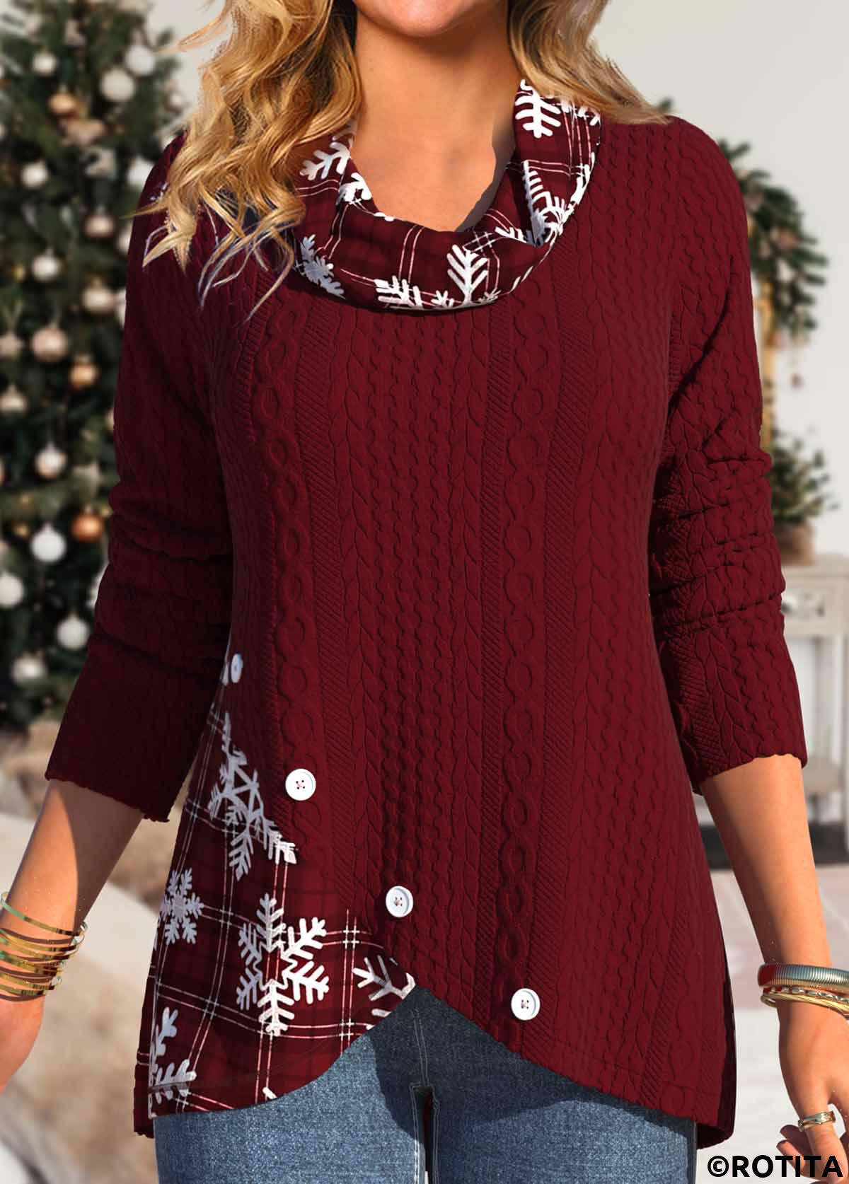 Deep Red tops,Christmas tops,Geometric tops,Striped tops,Plaid tops,ROTITA Christmas Button Snowflake Print Deep Red Cowl Neck Sweatshirt