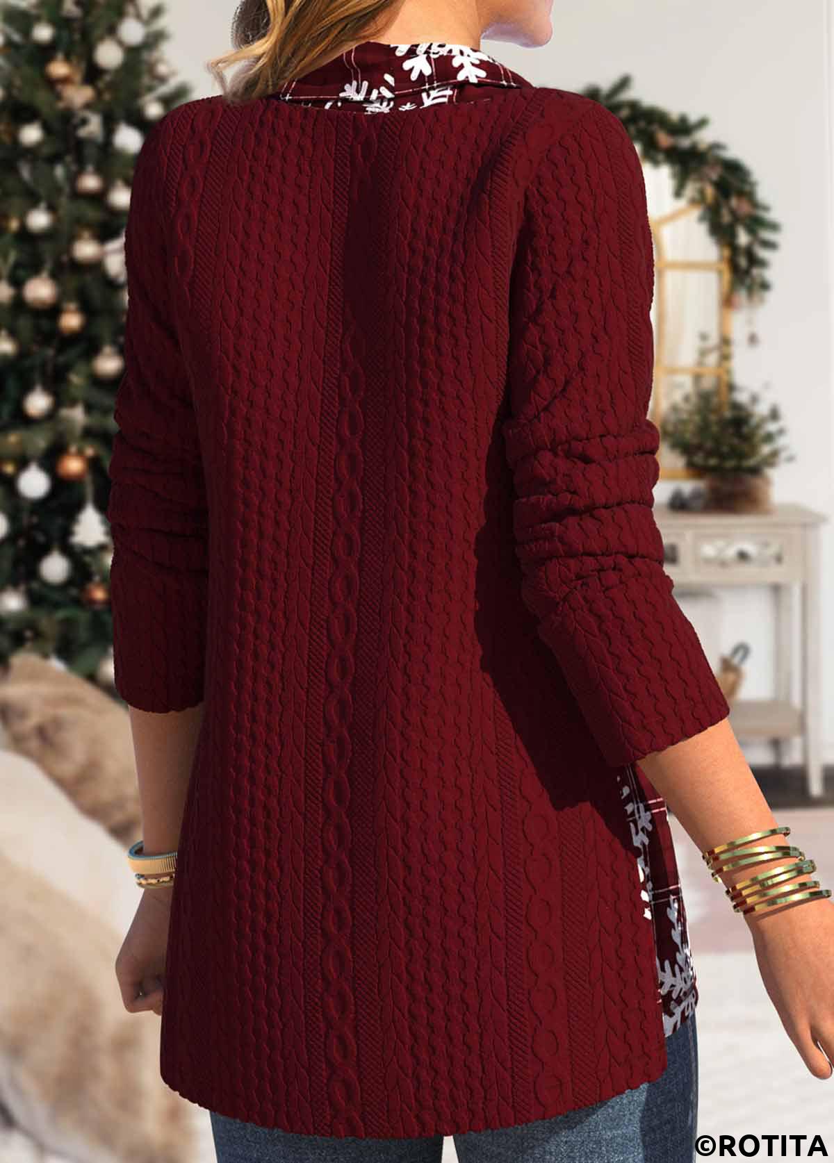 Deep Red tops,Christmas tops,Geometric tops,Striped tops,Plaid tops,ROTITA Christmas Button Snowflake Print Deep Red Cowl Neck Sweatshirt