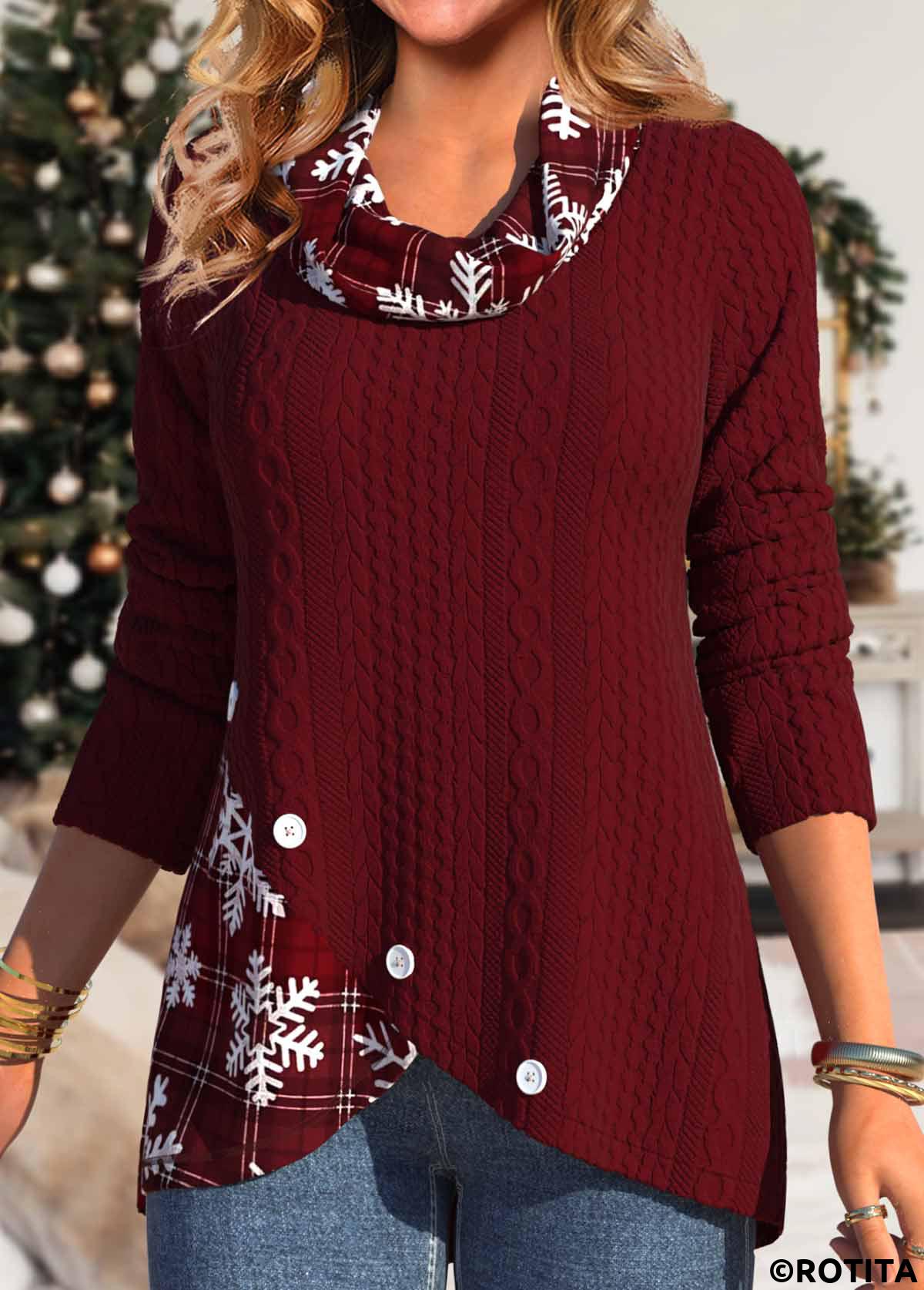 Deep Red tops,Christmas tops,Geometric tops,Striped tops,Plaid tops,ROTITA Christmas Button Snowflake Print Deep Red Cowl Neck Sweatshirt