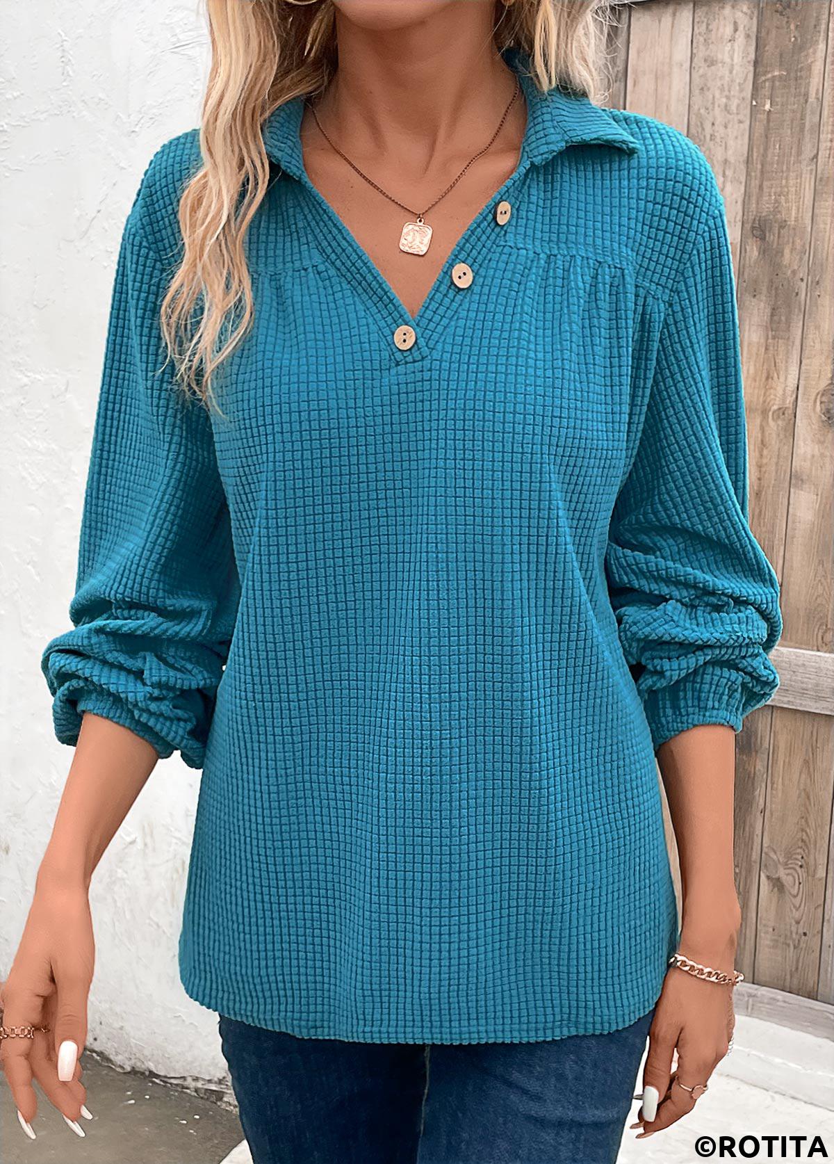 Peacock Blue plus size,Plain Color plus size,ROTITA Plus Size Ruched Peacock Blue Shirt Collar Blouse