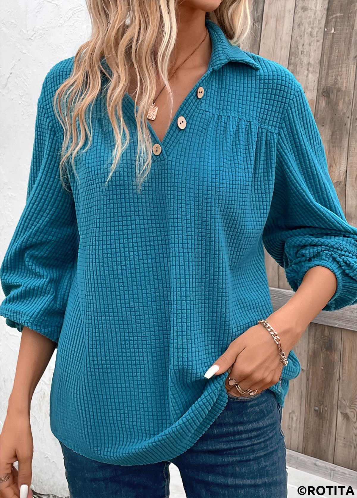 Peacock Blue plus size,Plain Color plus size,ROTITA Plus Size Ruched Peacock Blue Shirt Collar Blouse