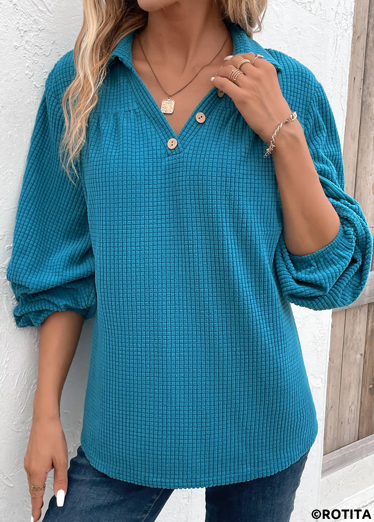 Peacock Blue plus size,Plain Color plus size,ROTITA Plus Size Ruched Peacock Blue Shirt Collar Blouse