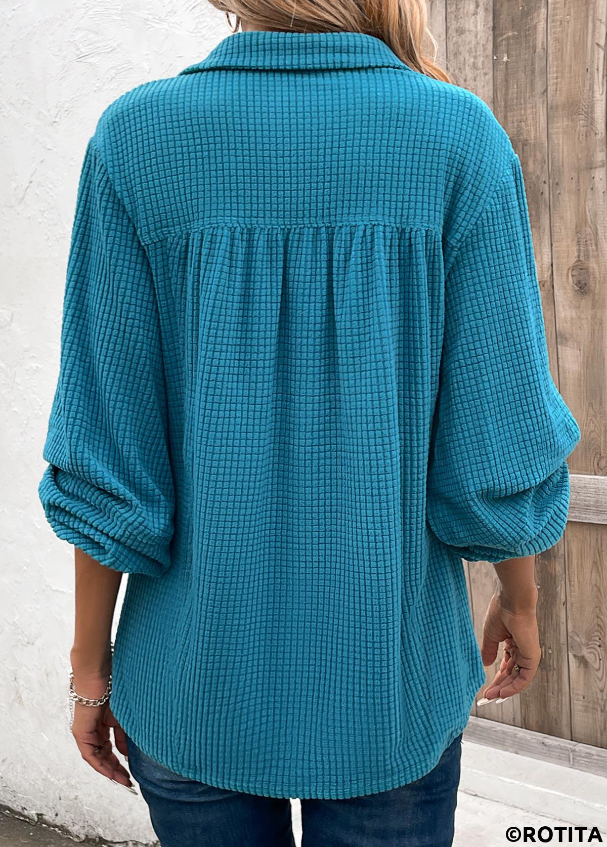 Peacock Blue plus size,Plain Color plus size,ROTITA Plus Size Ruched Peacock Blue Shirt Collar Blouse
