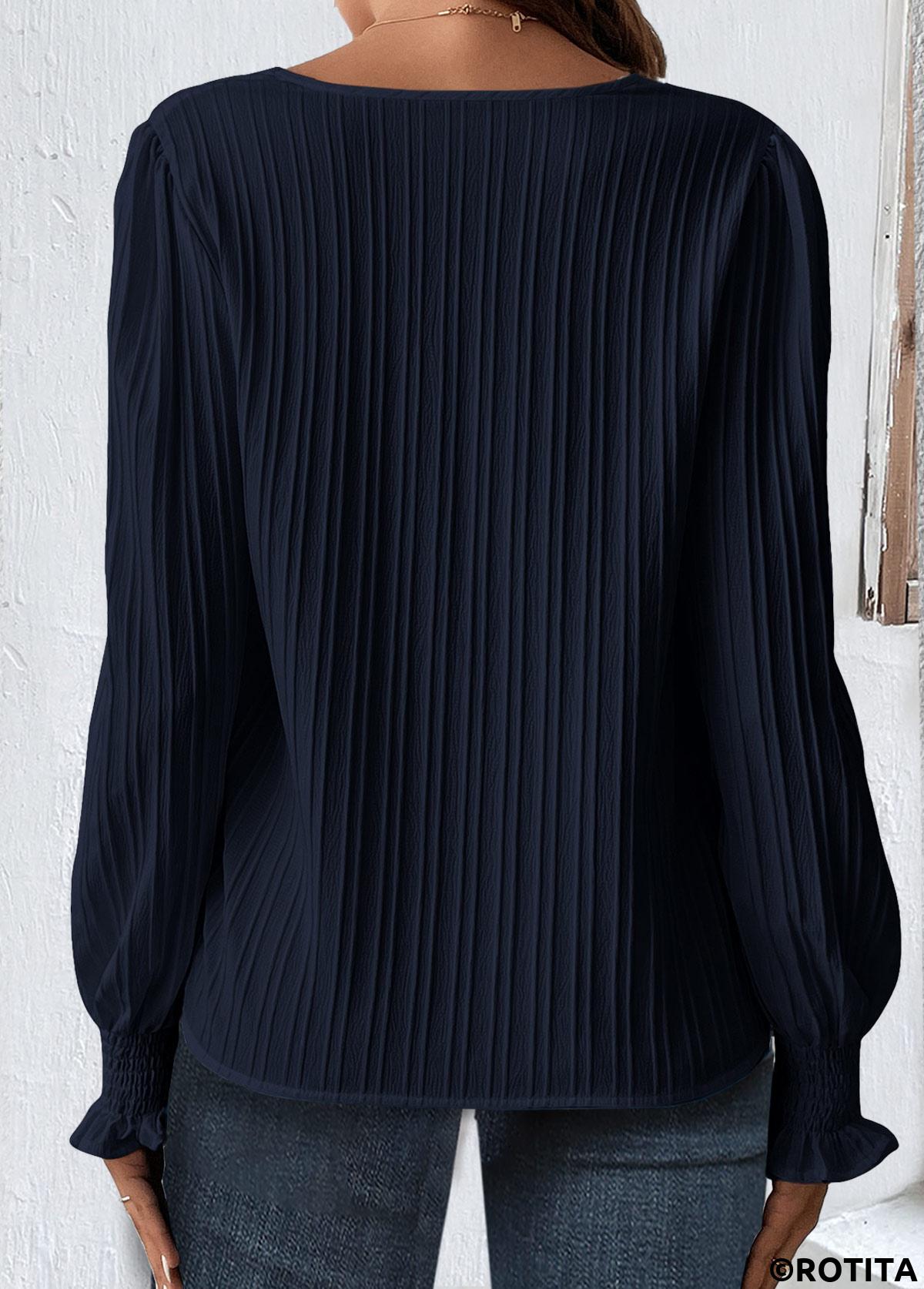 Navy tops,Plain Color tops,ROTITA Smocked Navy V Neck Long Sleeve Blouse