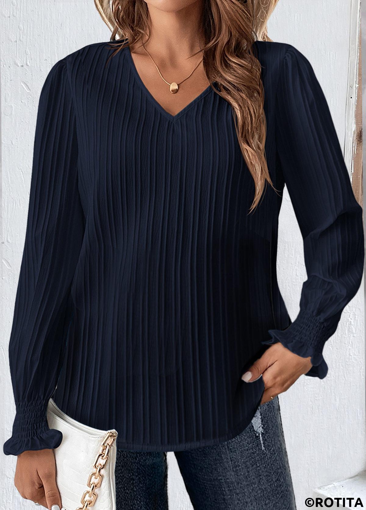 Navy tops,Plain Color tops,ROTITA Smocked Navy V Neck Long Sleeve Blouse