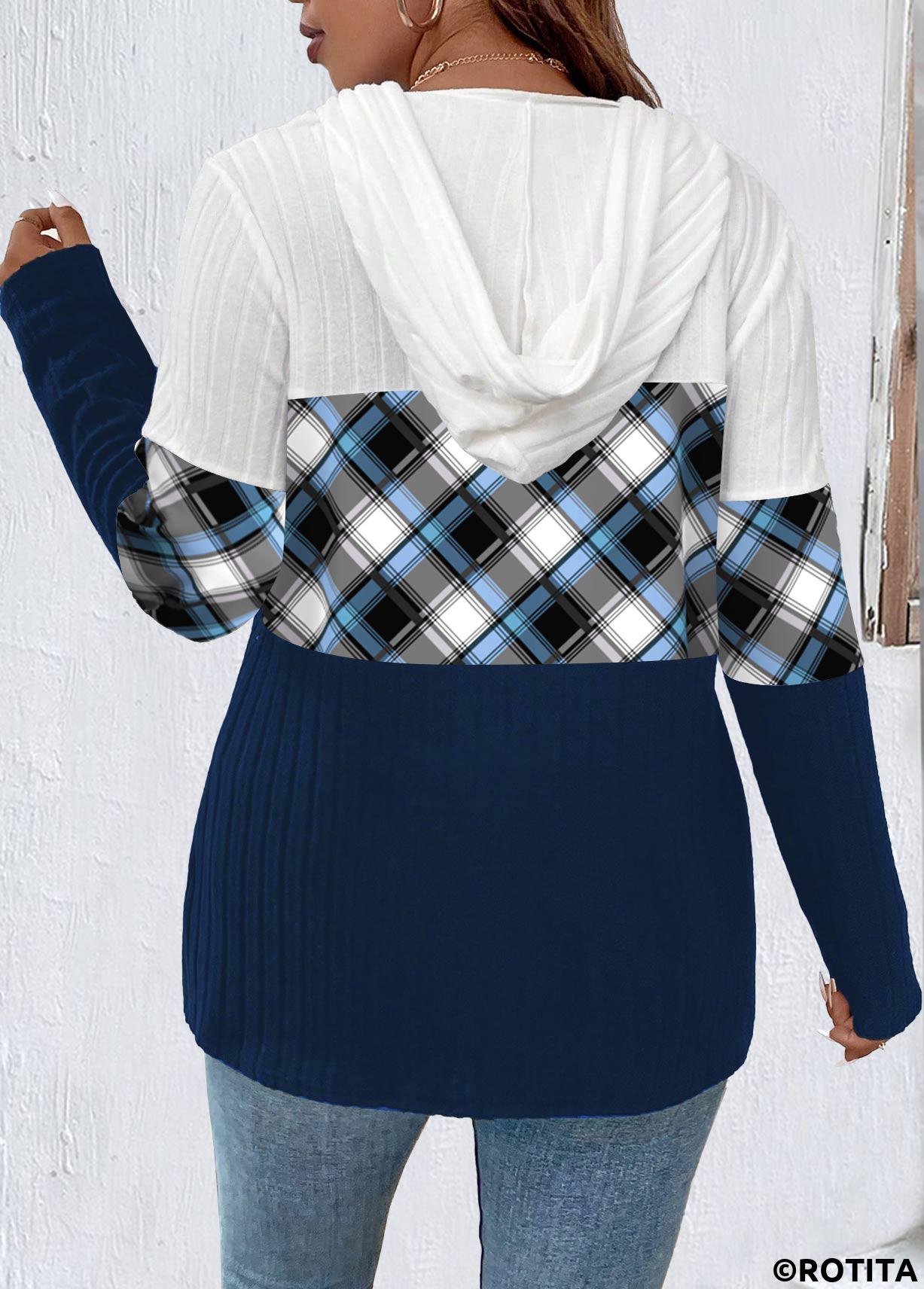 Navy plus size,White plus size,Plaid plus size,Striped plus size,Geometric plus size,ROTITA Plus Size Zipper Navy Plaid Long Sleeve Hoodie
