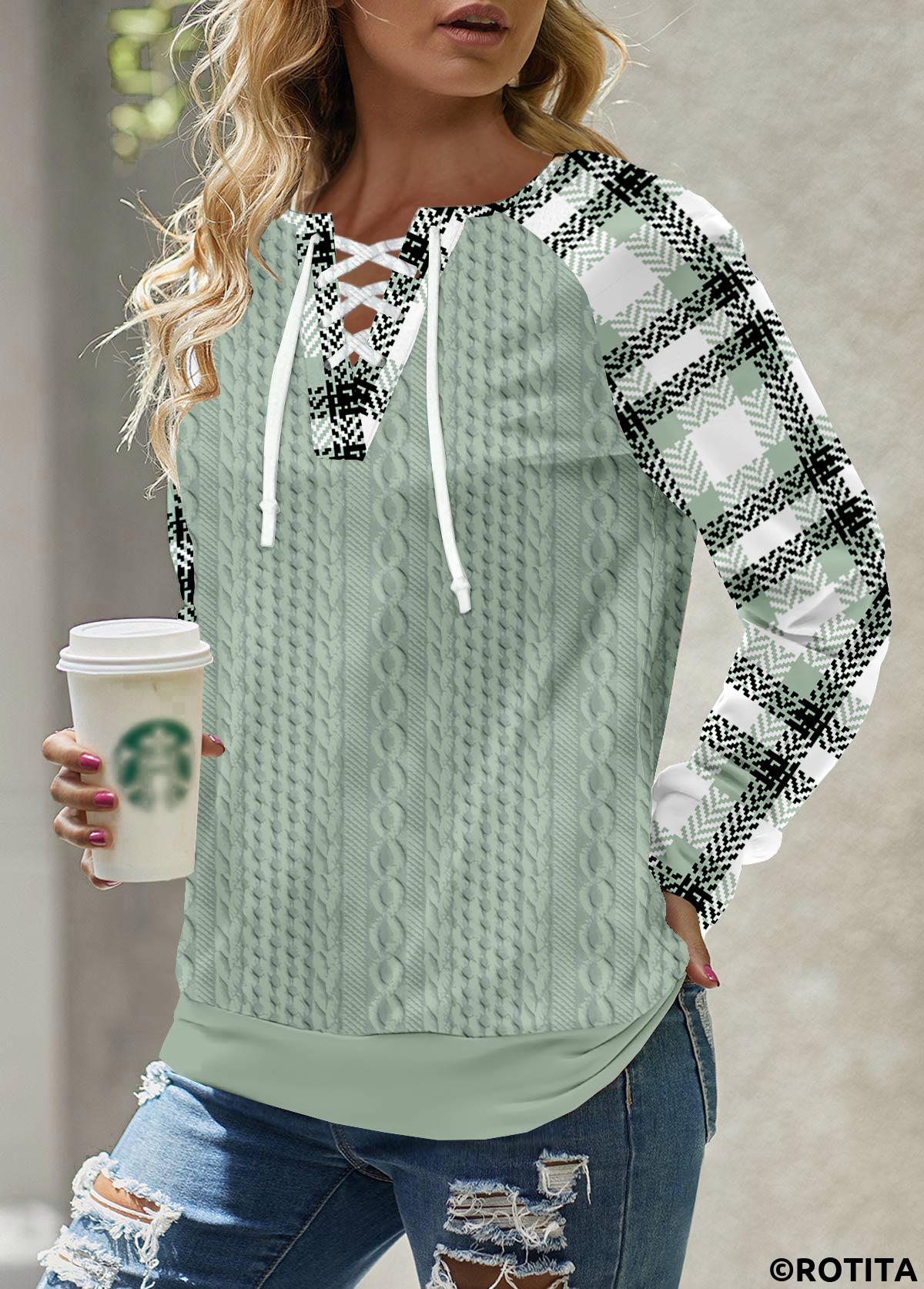 Sage Green tops,Plaid tops,Striped tops,Geometric tops,ROTITA Lace Up Plaid Sage Green Split Neck Sweatshirt