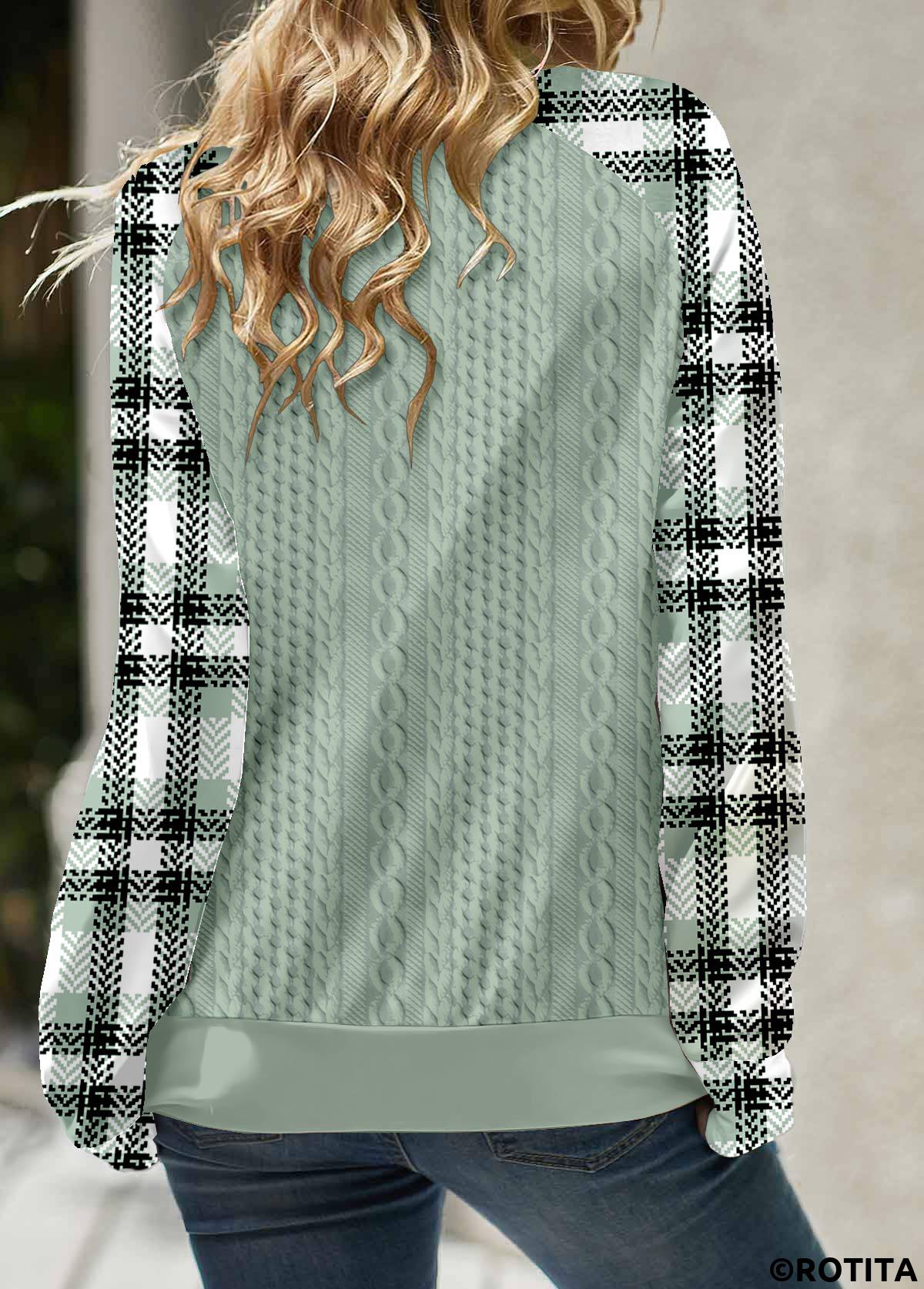 Sage Green tops,Plaid tops,Striped tops,Geometric tops,ROTITA Lace Up Plaid Sage Green Split Neck Sweatshirt