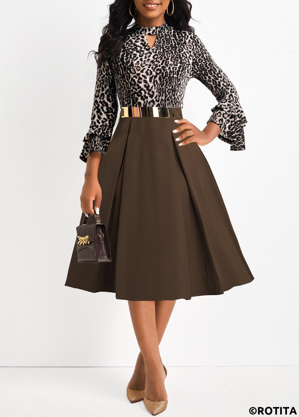 ROTITA Patchwork Leopard Dark Coffee Belted Stand Collar Dress
