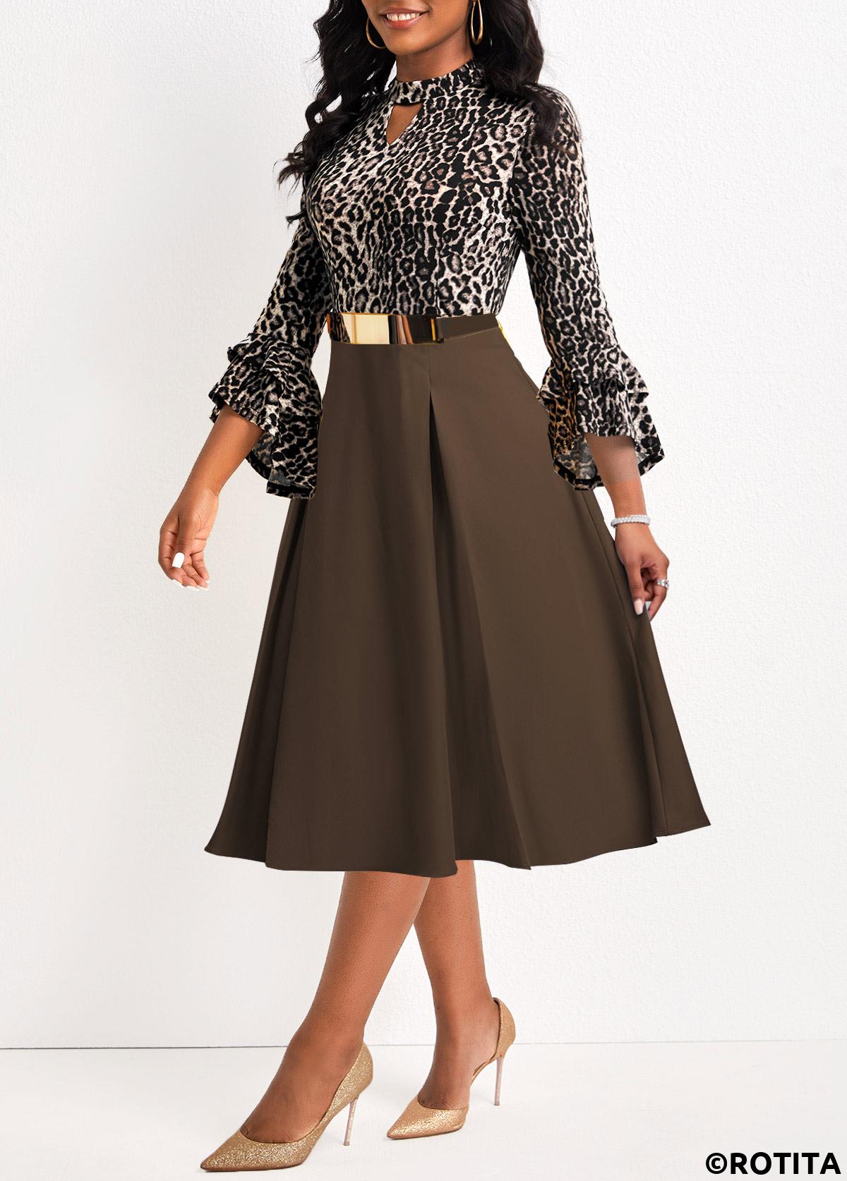 ROTITA Patchwork Leopard Dark Coffee Belted Stand Collar Dress